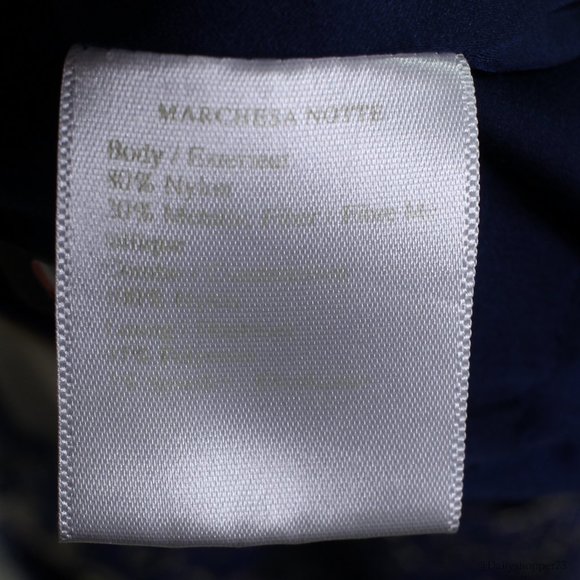 Marchesa Notte Navy Blue & Metallic Gold Lace Beaded Back Trumpet Evening Gown - Picture 7 of 8